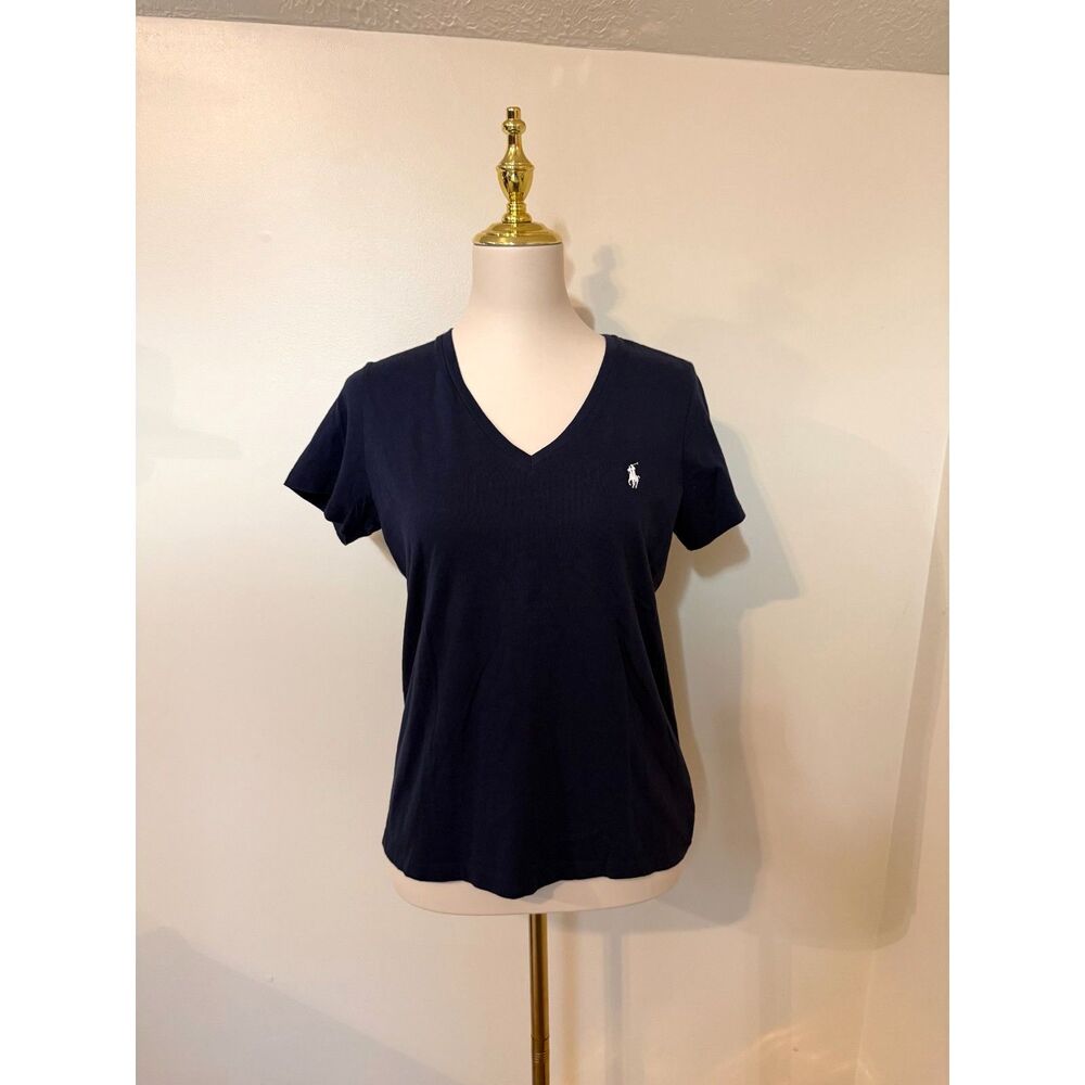 Polo Ralph Lauren Women’s Navy V-Neck T-Shirt White Pony Logo Size L Cotton